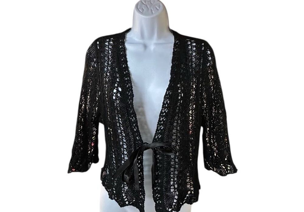 Georgiou Studio Black Crochet Cardigan Ribbon Tie Front Scallop Hem Y2K Boho XL